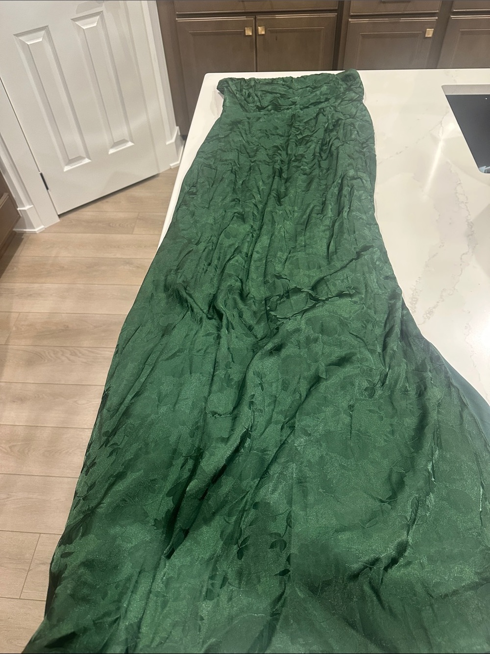 Made to Marvel Emerald Green Satin Jacquard Strapless Maxi Dress side slit L - Picture 3 of 7